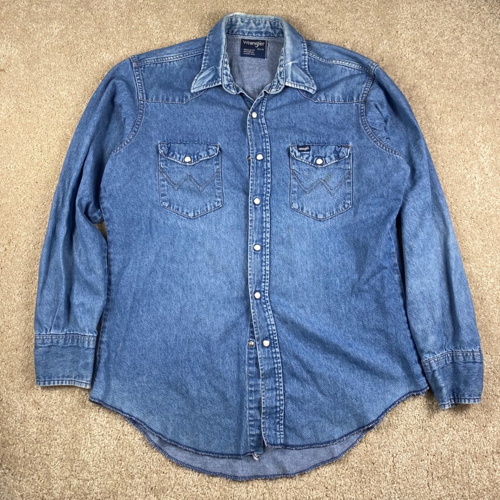 Wrangler Mens Western Denim Pearl Snap Shirt Blue Regular Fit 16.5-34 Long Tails